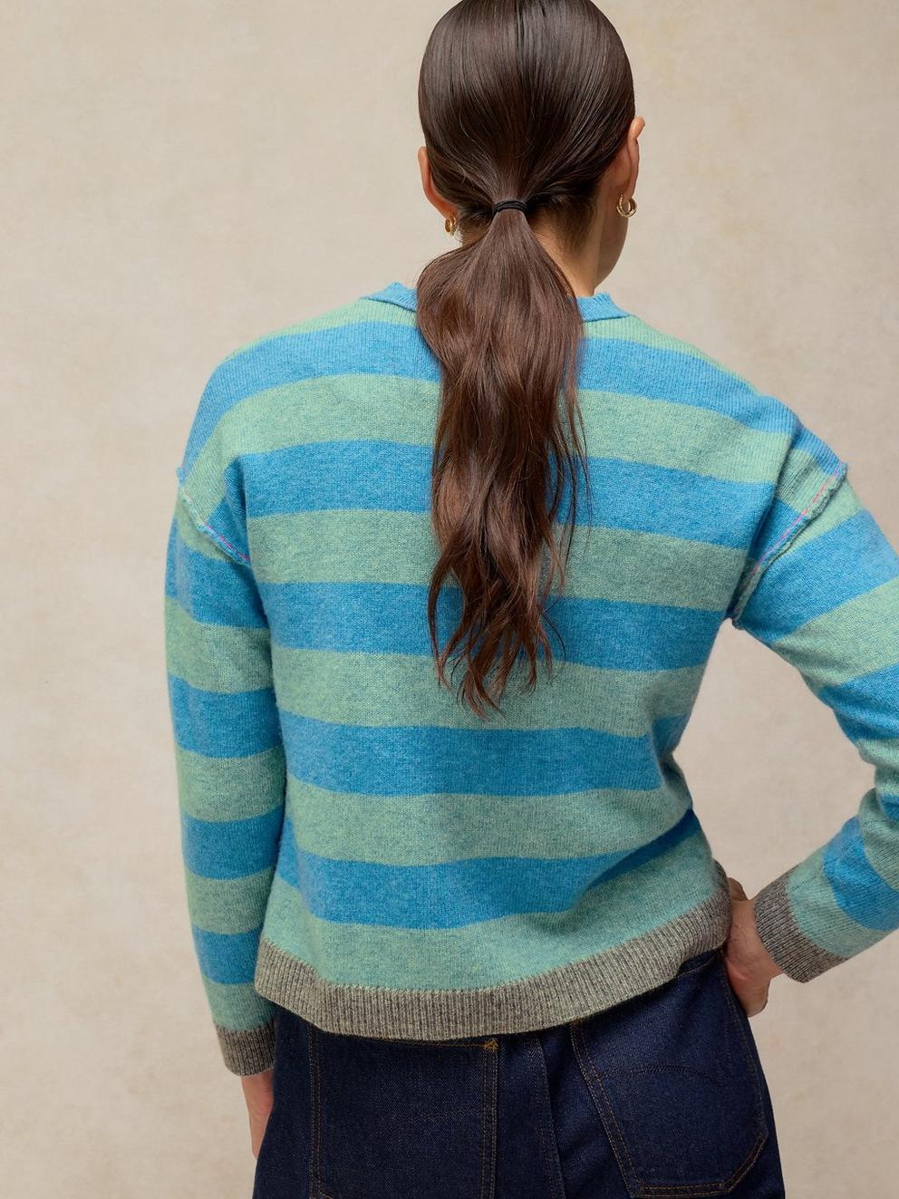 SANSA STRIPE CARDI in BLUE MLT - MODEL BACK