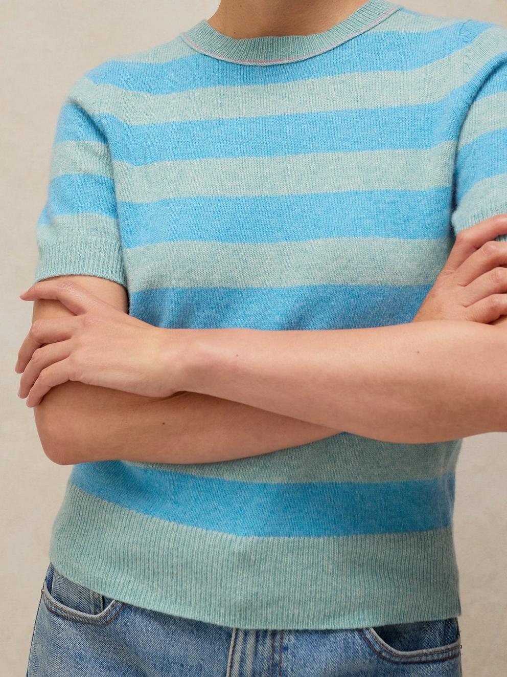 SANSA STRIPE KNITTED TEE in BLUE MLT - MODEL DETAIL