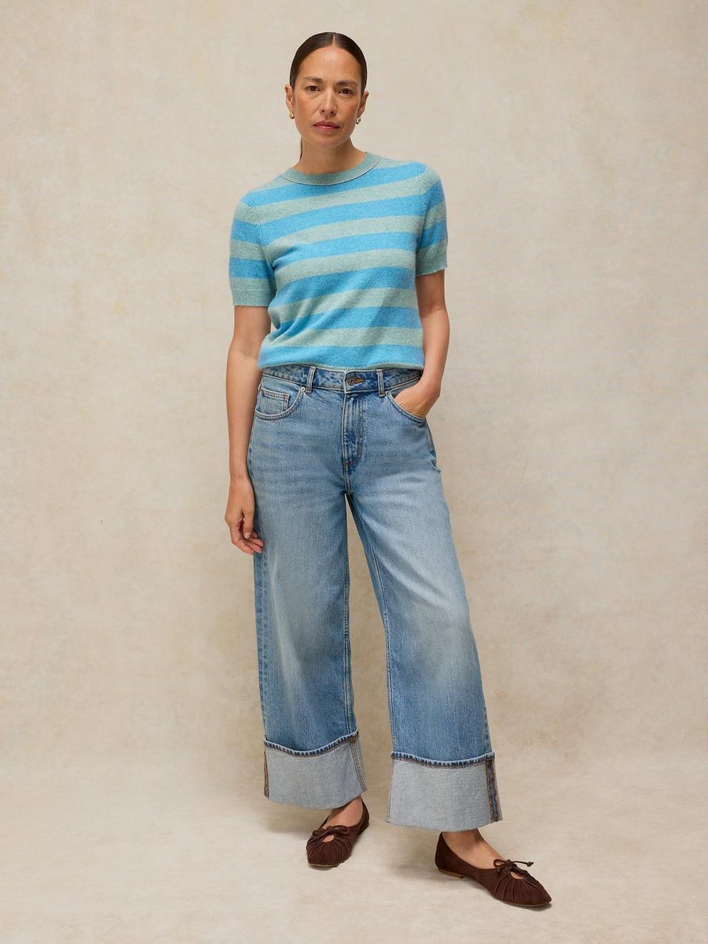 SANSA STRIPE KNITTED TEE in BLUE MLT - MODEL FRONT