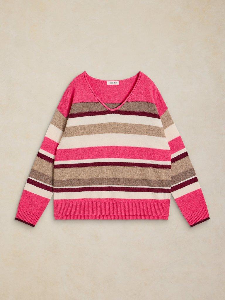 SANSA V NECK STRIPE JUMPER in PINK MLT - FLAT FRONT