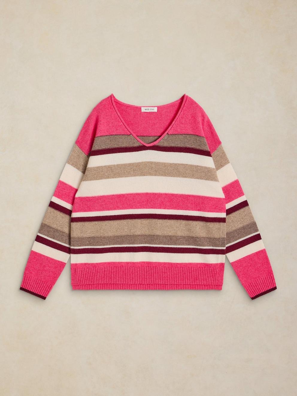 SANSA V NECK STRIPE JUMPER in PINK MLT - FLAT FRONT