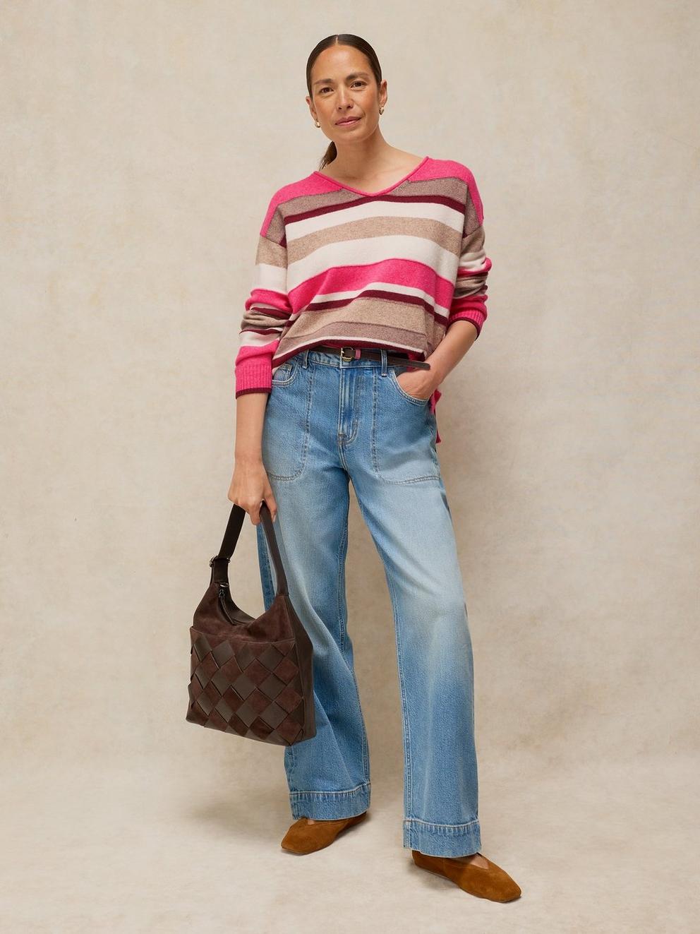 SANSA V NECK STRIPE JUMPER in PINK MLT - LIFESTYLE