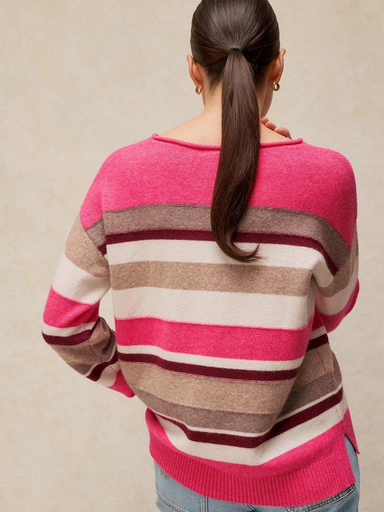 SANSA V NECK STRIPE JUMPER in PINK MLT - MODEL BACK