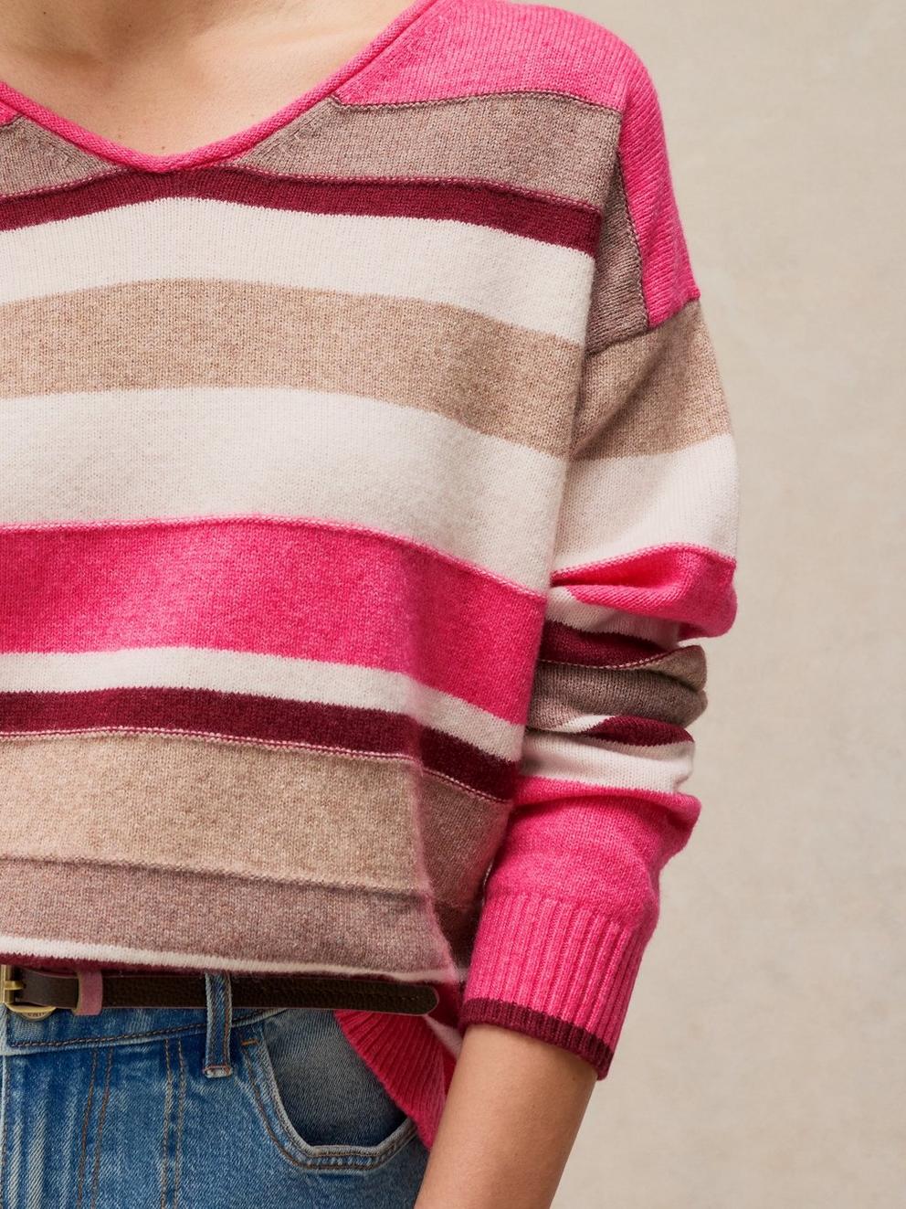 SANSA V NECK STRIPE JUMPER in PINK MLT - MODEL DETAIL