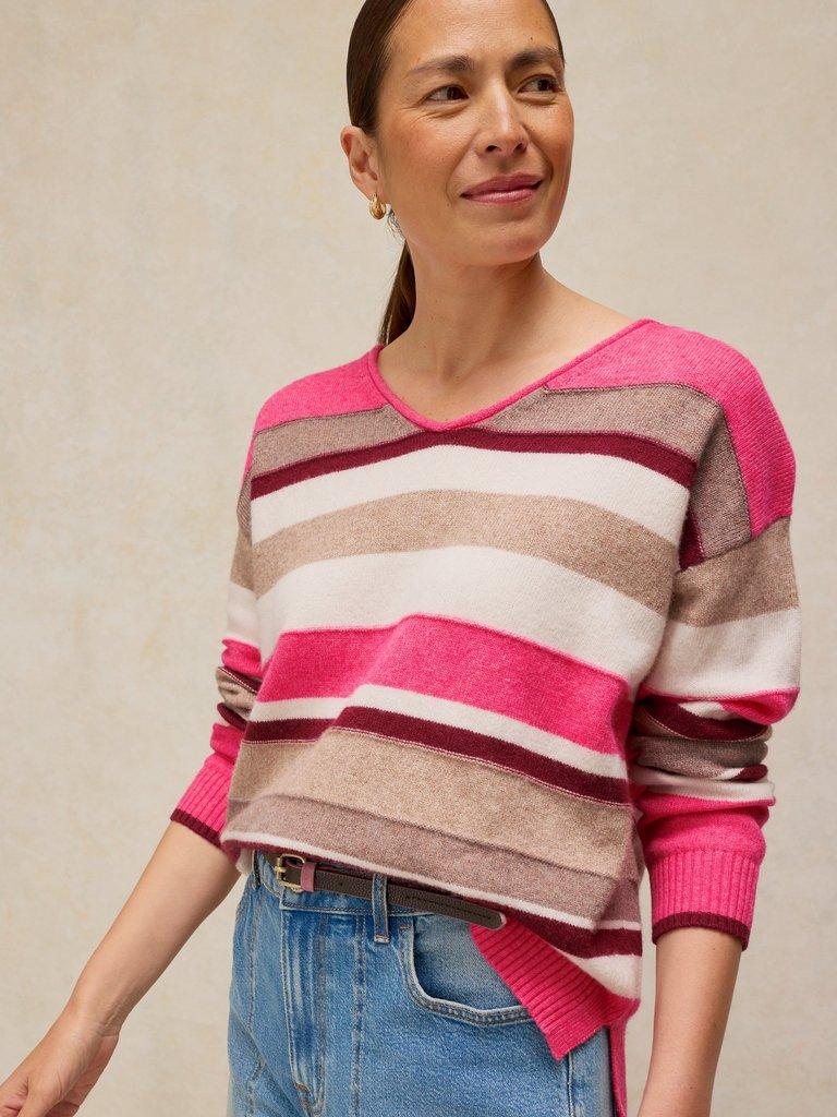 SANSA V NECK STRIPE JUMPER in PINK MLT - MODEL FRONT