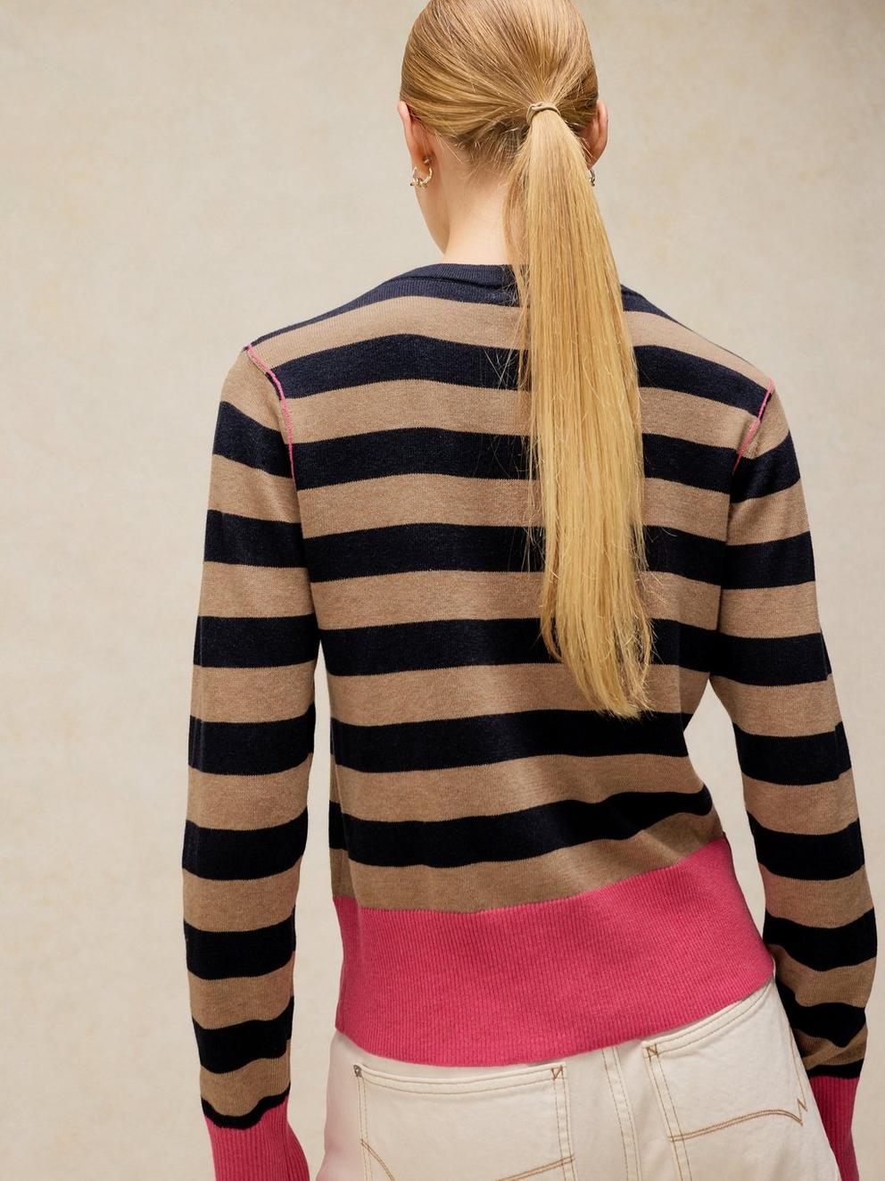 LOIS STRIPE CARDI in NAVY MULTI - MODEL BACK