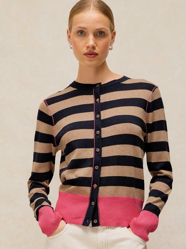 LOIS STRIPE CARDI in NAVY MULTI - MODEL DETAIL