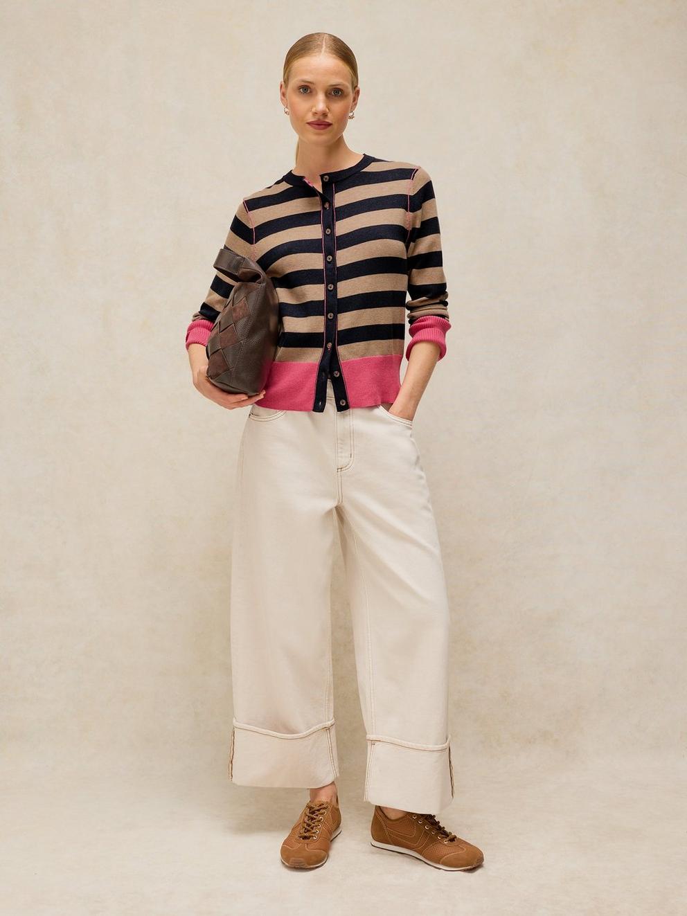LOIS STRIPE CARDI in NAVY MULTI - MODEL FRONT