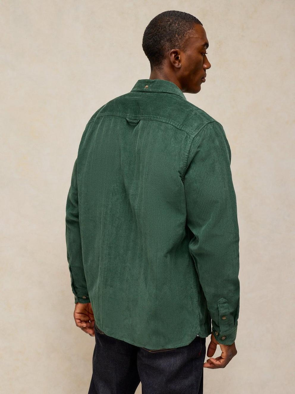 GRIFFIN CORD SHIRT in DK GREEN - MODEL BACK