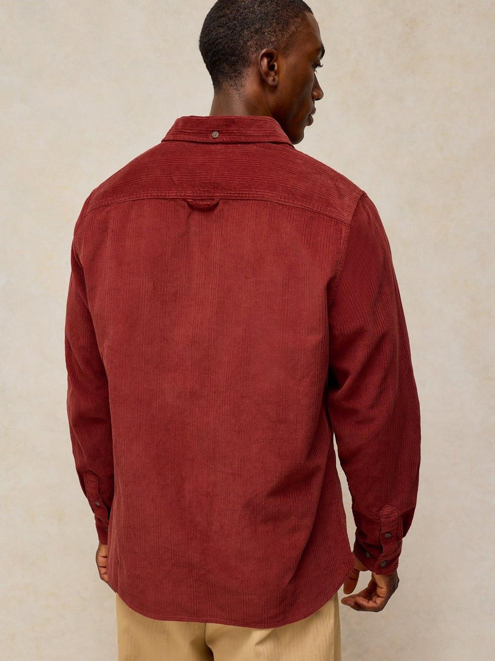 GRIFFIN CORD SHIRT in DK RED - MODEL BACK