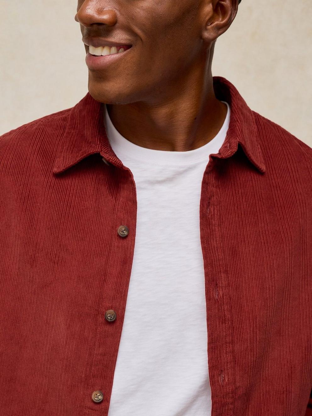 GRIFFIN CORD SHIRT in DK RED - MODEL DETAIL
