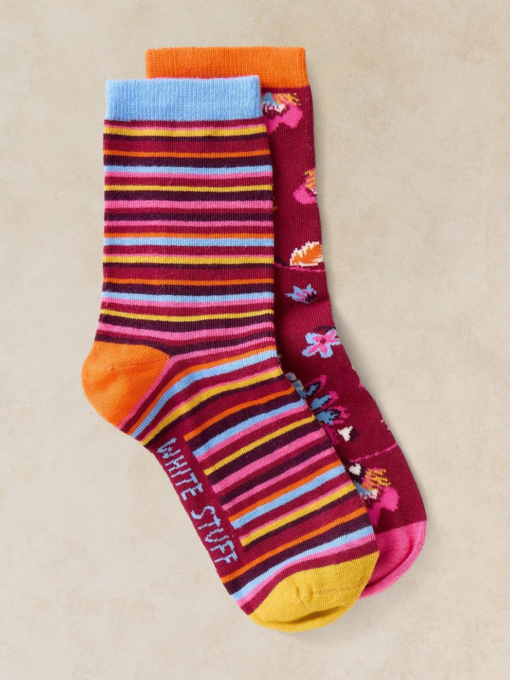 2PK STRIPE FLORAL ANKLE SOCKS in PLUM MLT - FLAT FRONT