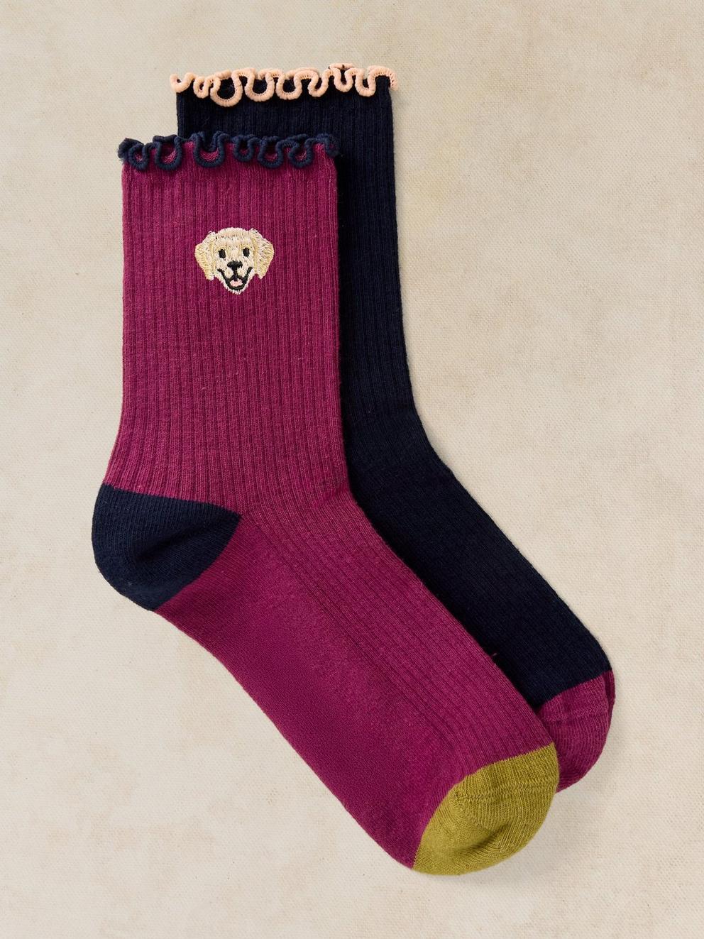 2PK DOG EMBROIDERY ANKLE SOCK in NAVY MULTI - FLAT FRONT