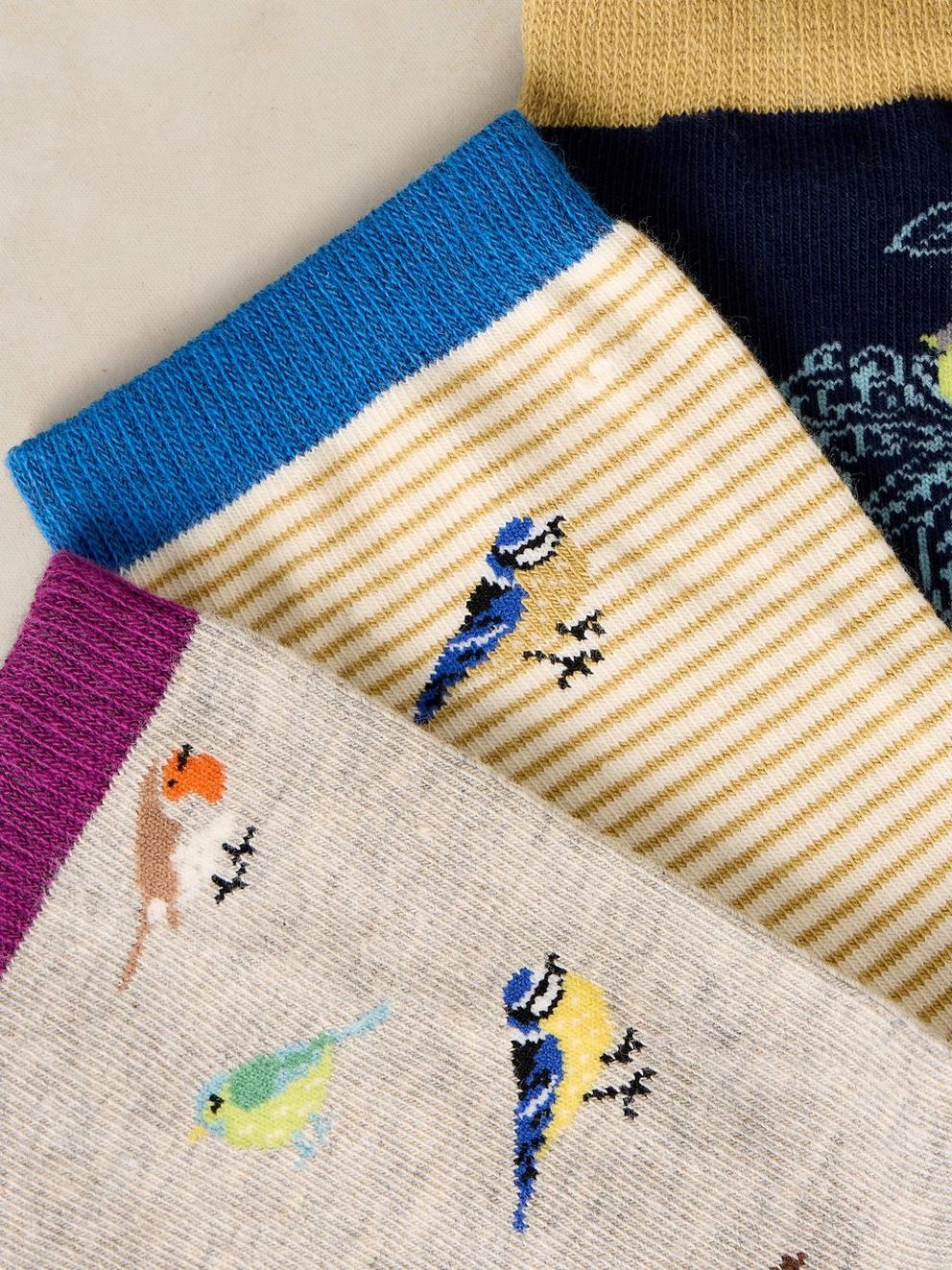 3PK GARDEN BIRD ANKLE SOCKS in DK TEAL - FLAT DETAIL