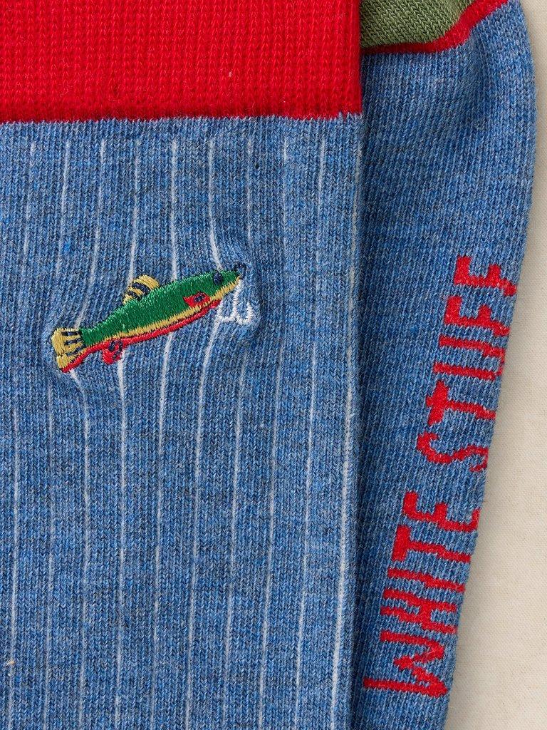 FISH EMBROIDERY ANKLE SOCK in DK BLUE - FLAT DETAIL
