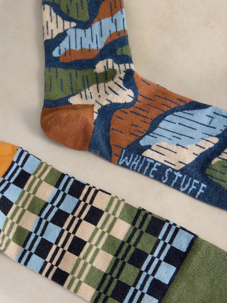2PK FLORAL CHECK ANKLE SOCK in BLUE MLT - FLAT DETAIL