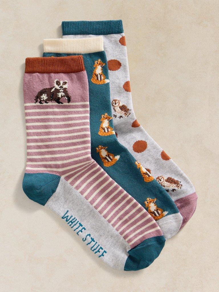 3PK WOODLAND ANIMAL SOCKS in PURPLE MLT - FLAT FRONT