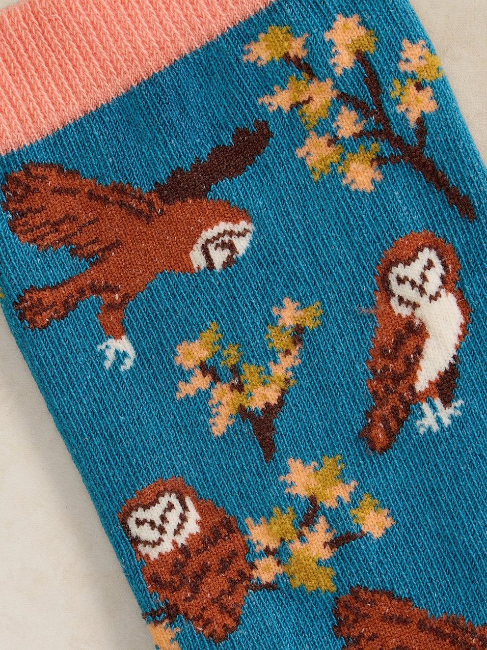 FLYING OWL ANKLE SOCK in DK TEAL - FLAT DETAIL
