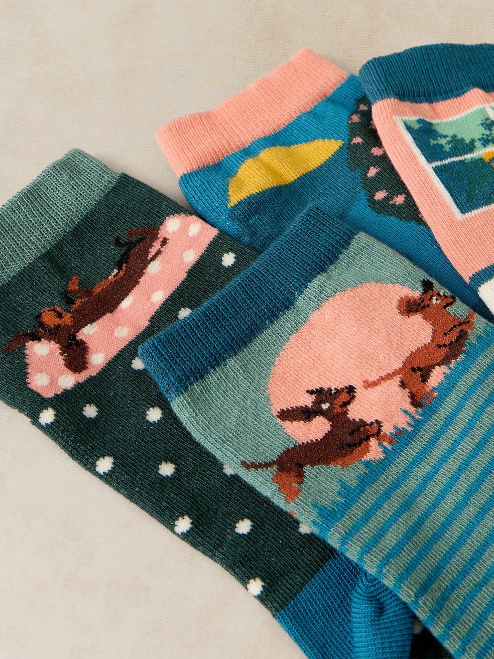4PK PLAYFUL SAUSAGE SOCKS in TEAL MLT - FLAT DETAIL