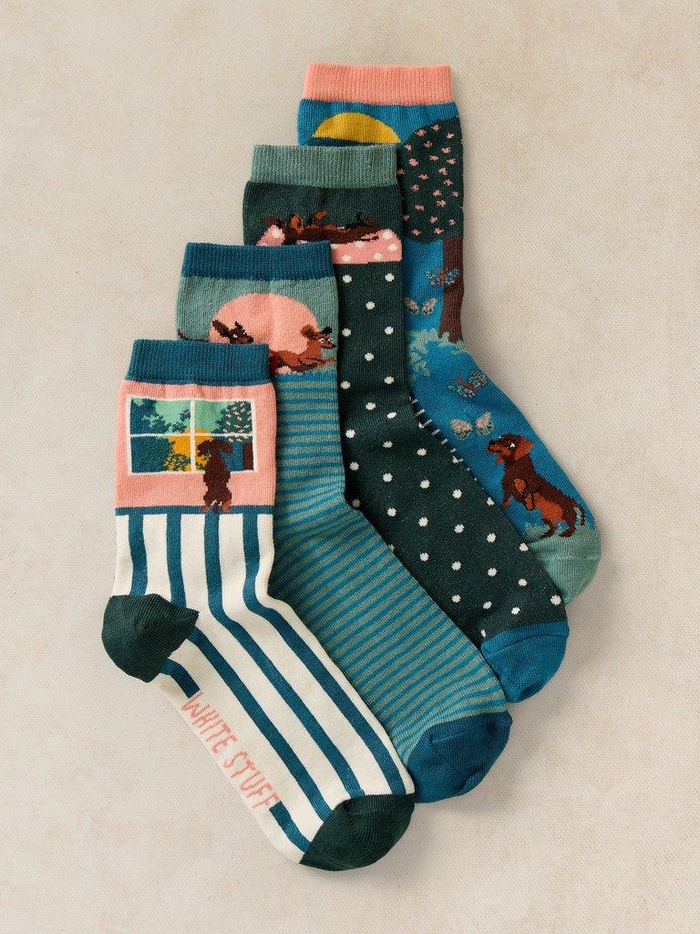 4PK PLAYFUL SAUSAGE SOCKS in TEAL MLT - FLAT FRONT