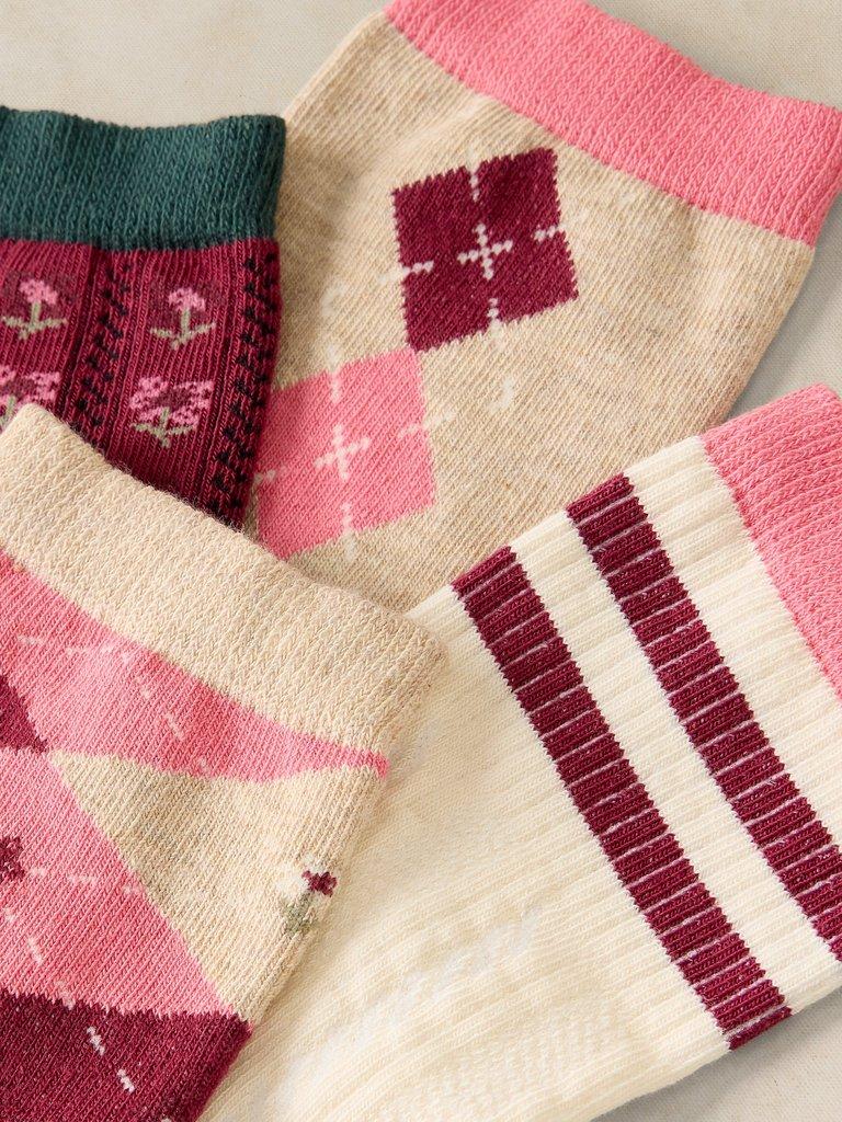 4PK ARGYLE PATTERN ANKLE SOCKS in PINK MLT - FLAT DETAIL
