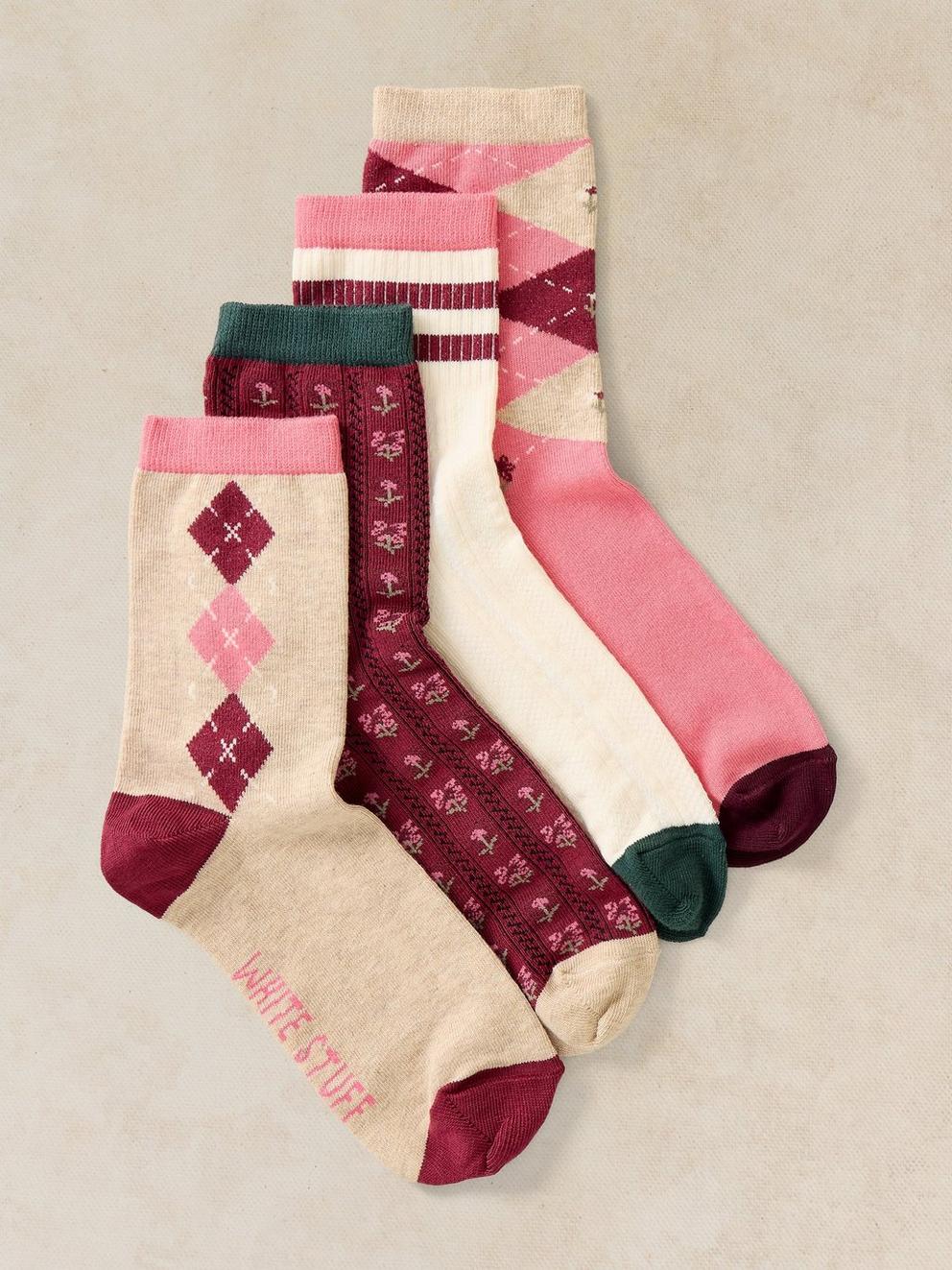4PK ARGYLE PATTERN ANKLE SOCKS in PINK MLT - FLAT FRONT