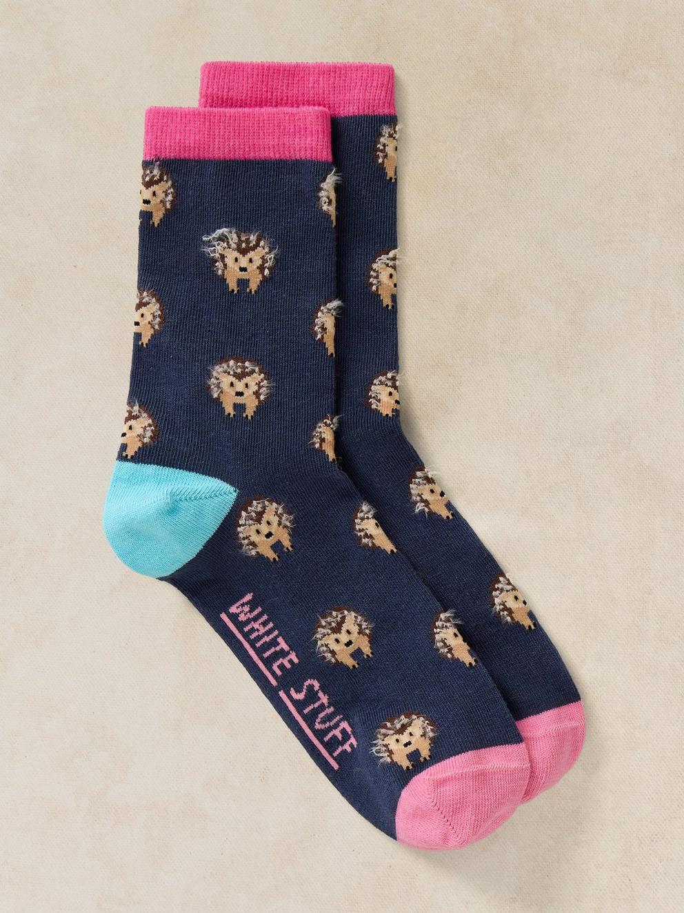 FLUFFY HEDGEHOG ANKLE SOCK in NAVY MULTI - FLAT FRONT