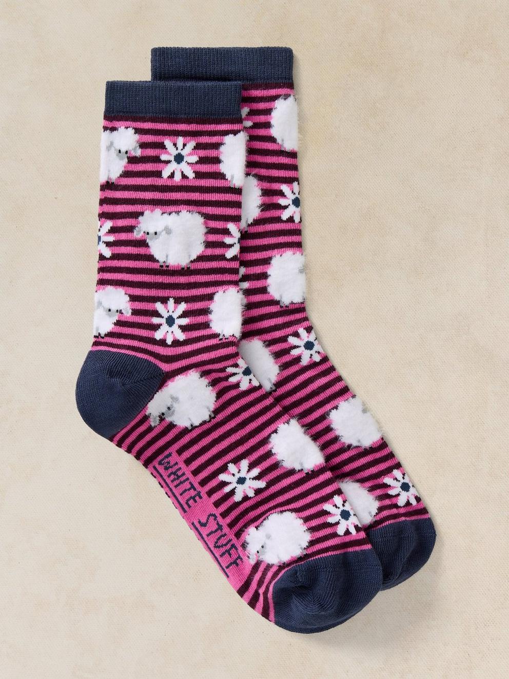 FLUFFY STRIPE SHEEP ANKLE SOCK in DK PINK - FLAT FRONT