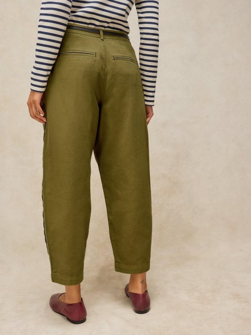 ADELINE UTILITY BARREL TROUSER in KHAKI GRN - MODEL BACK