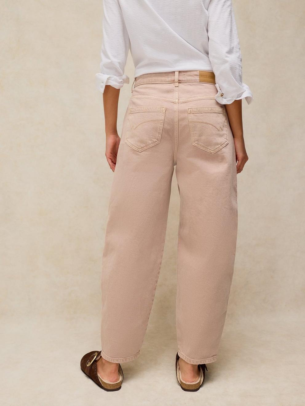 AUBREY EMBROIDERED BARREL JEAN in LGT NAT - MODEL BACK