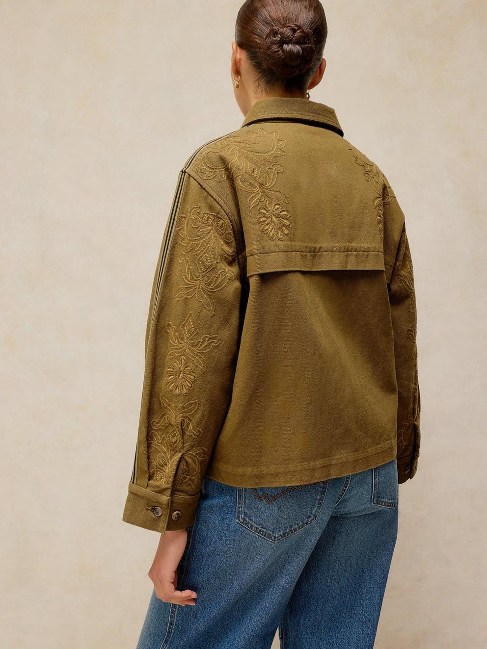 JADE EMBROIDERED JACKET in KHAKI GRN - MODEL BACK