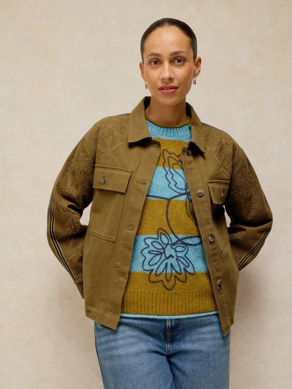 JADE EMBROIDERED JACKET in KHAKI GRN - MODEL DETAIL