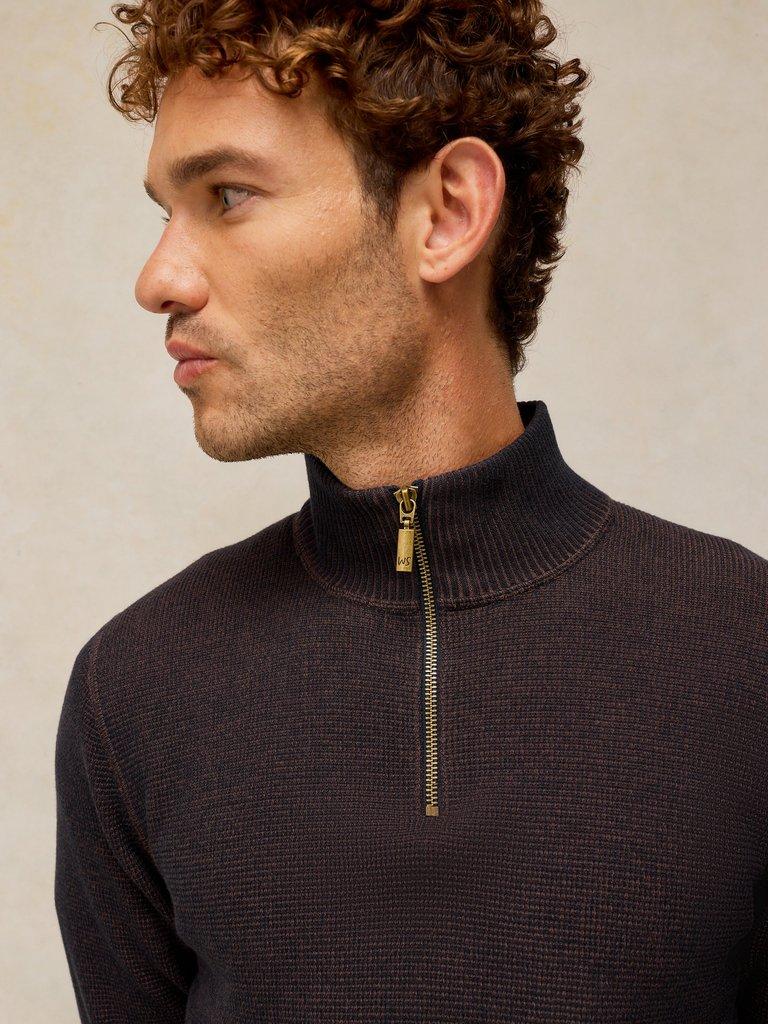ATTADALE FUNNEL NECK JUMPER in DK BROWN - MODEL DETAIL
