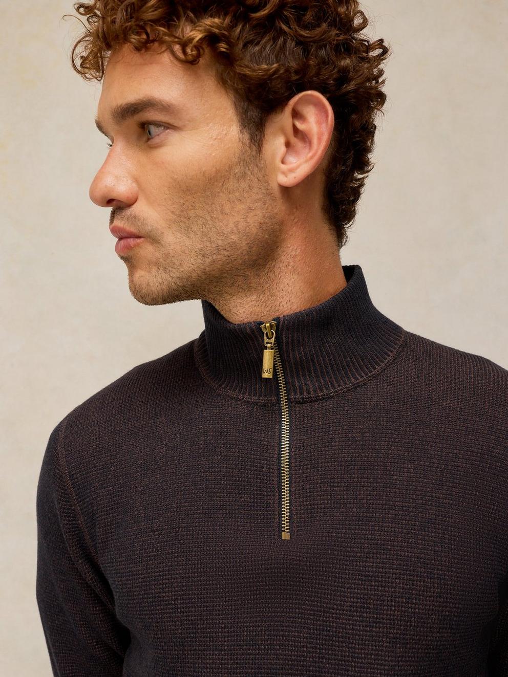 ATTADALE FUNNEL NECK JUMPER in DK BROWN - MODEL DETAIL