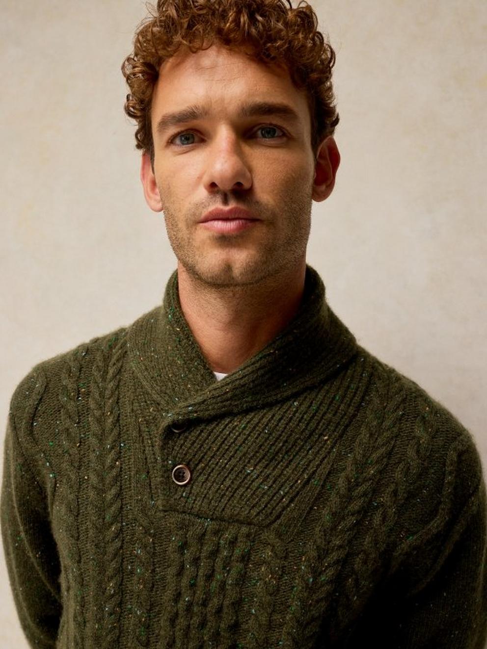 BERKLEY SHAWL NECK JUMPER in GREEN MLT - MODEL DETAIL