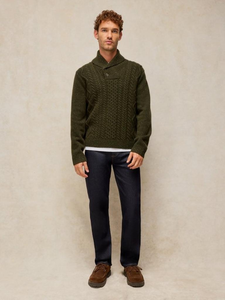 BERKLEY SHAWL NECK JUMPER in GREEN MLT - MODEL FRONT