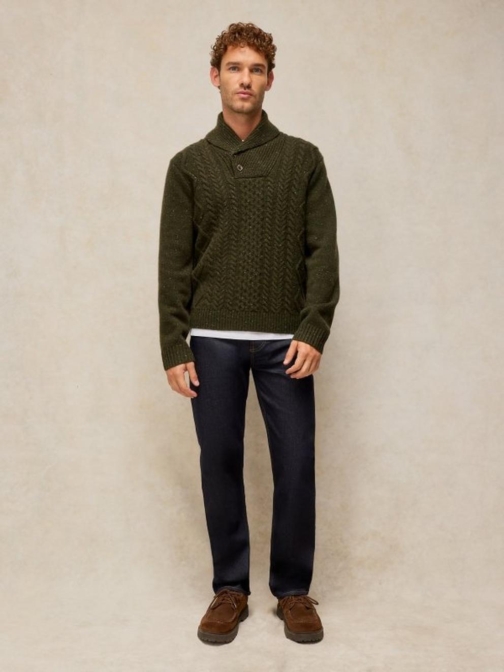 BERKLEY SHAWL NECK JUMPER in GREEN MLT - MODEL FRONT