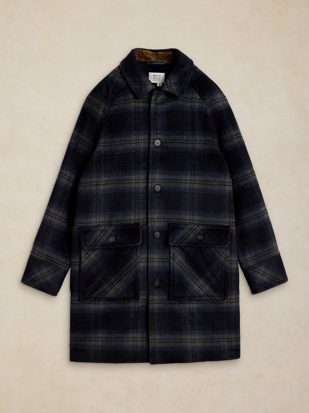 ALTON WOOL BLEND UTILITY  COAT in NAVY MULTI - FLAT FRONT