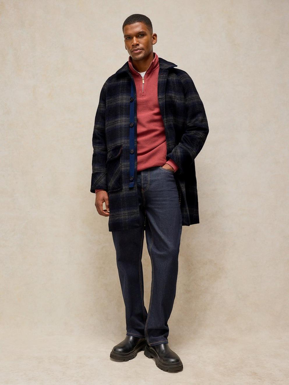 ALTON WOOL BLEND UTILITY  COAT in NAVY MULTI - MODEL FRONT
