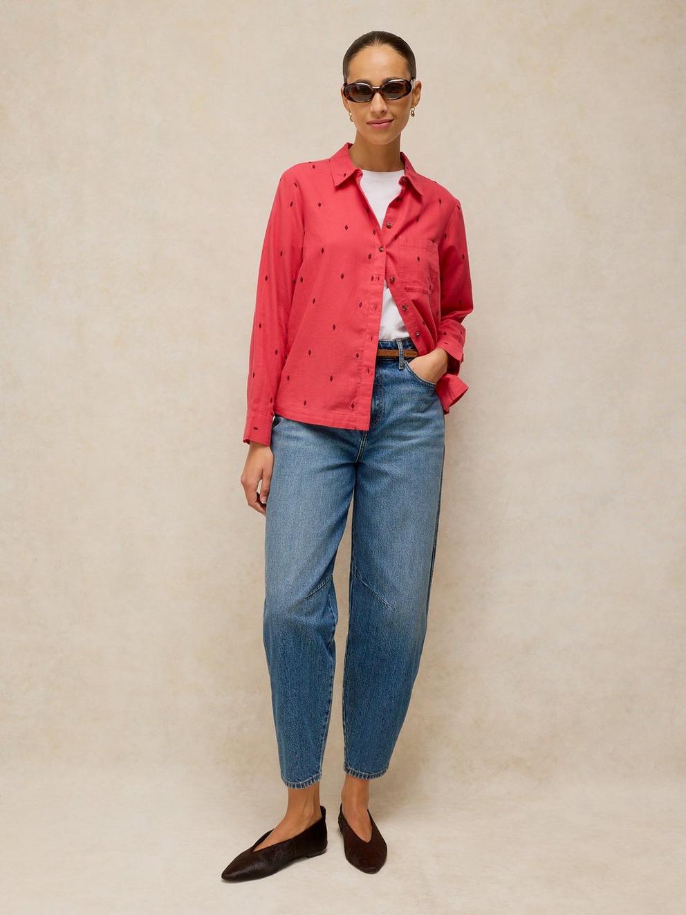 LIBBY ORGANIC COTTON SHIRT in BRT PINK - MODEL FRONT