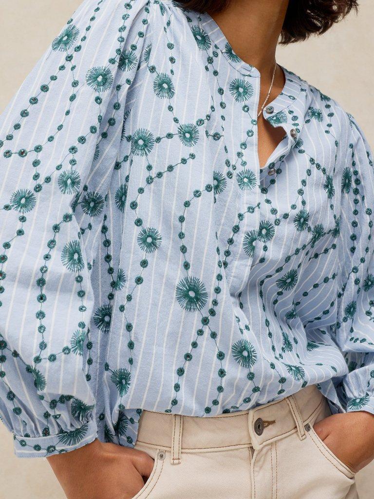 LANA EMBROIDERED SHIRT in GREEN MLT - MODEL DETAIL