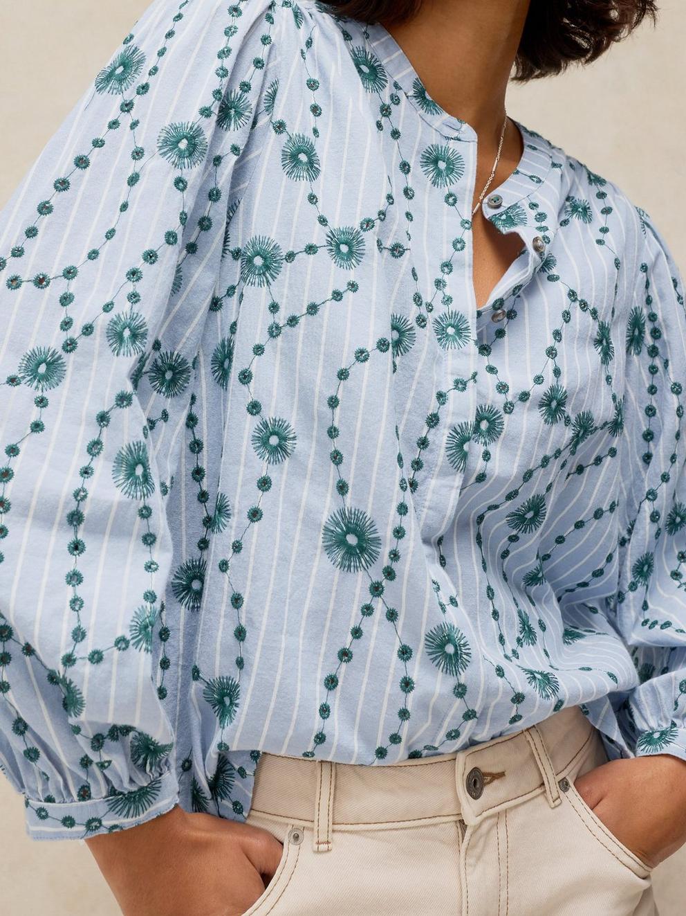 LANA EMBROIDERED SHIRT in GREEN MLT - MODEL DETAIL