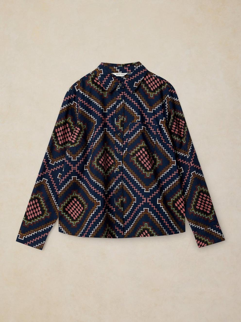 LIBBY ORGANIC COTTON SHIRT in NAVY MULTI - FLAT FRONT