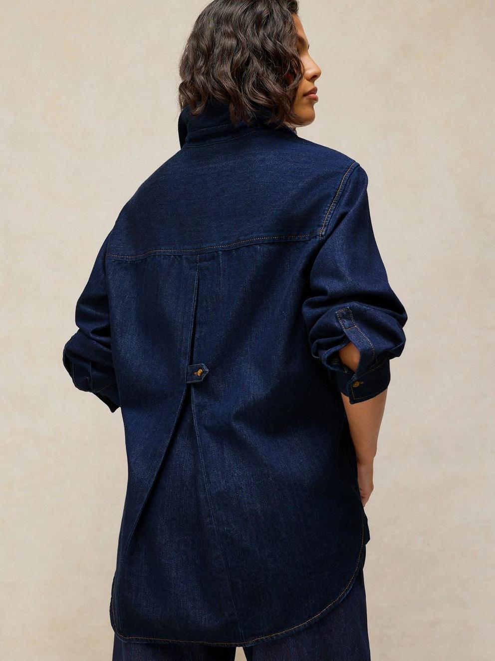 SAGE LONGLINE DENIM TUNIC in DK DENIM - MODEL BACK