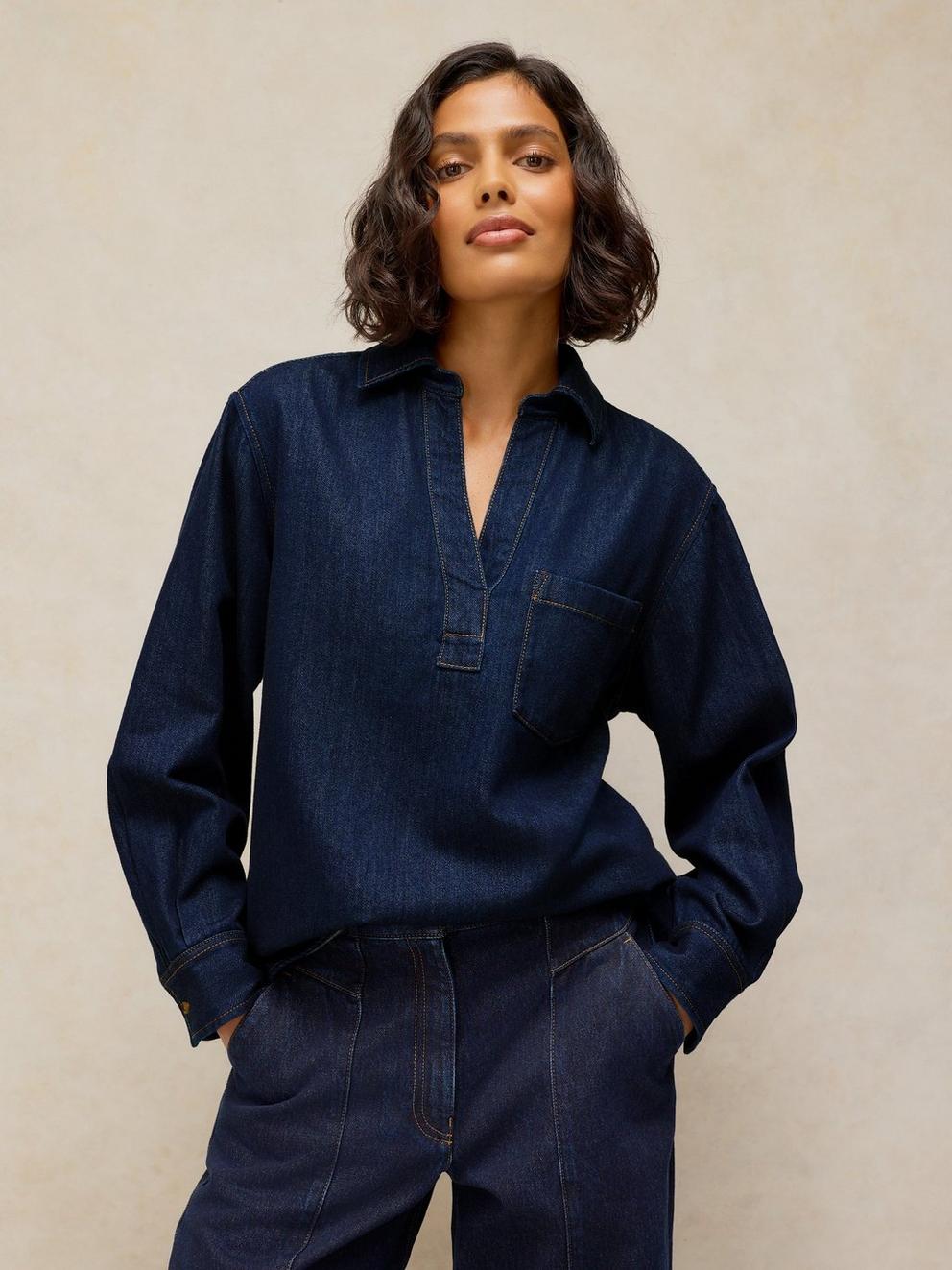 SAGE LONGLINE DENIM TUNIC in DK DENIM - MODEL DETAIL