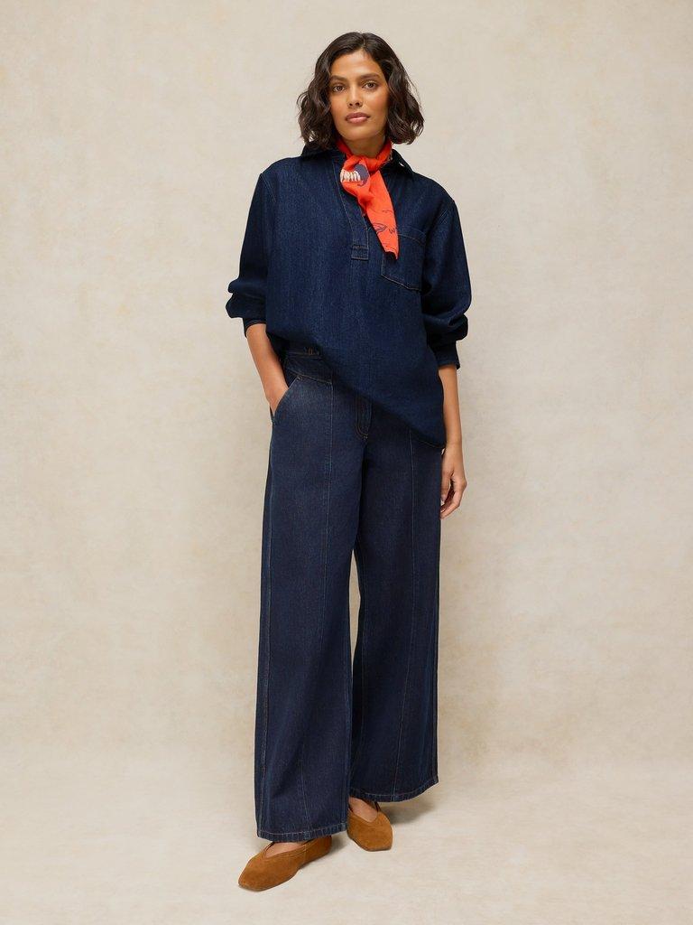 SAGE LONGLINE DENIM TUNIC in DK DENIM - MODEL FRONT