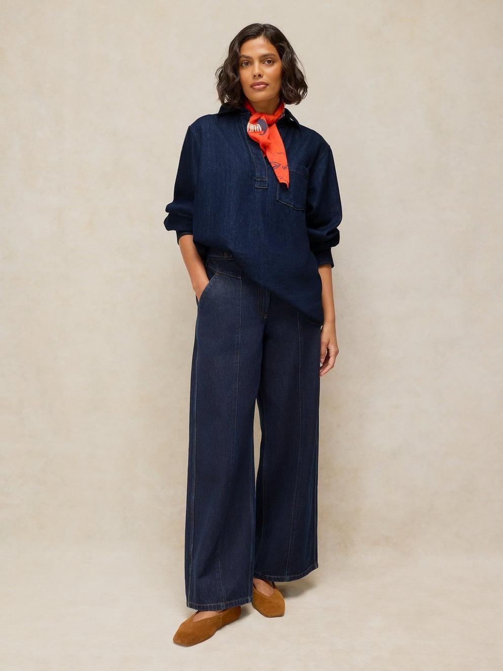 SAGE LONGLINE DENIM TUNIC in DK DENIM - MODEL FRONT