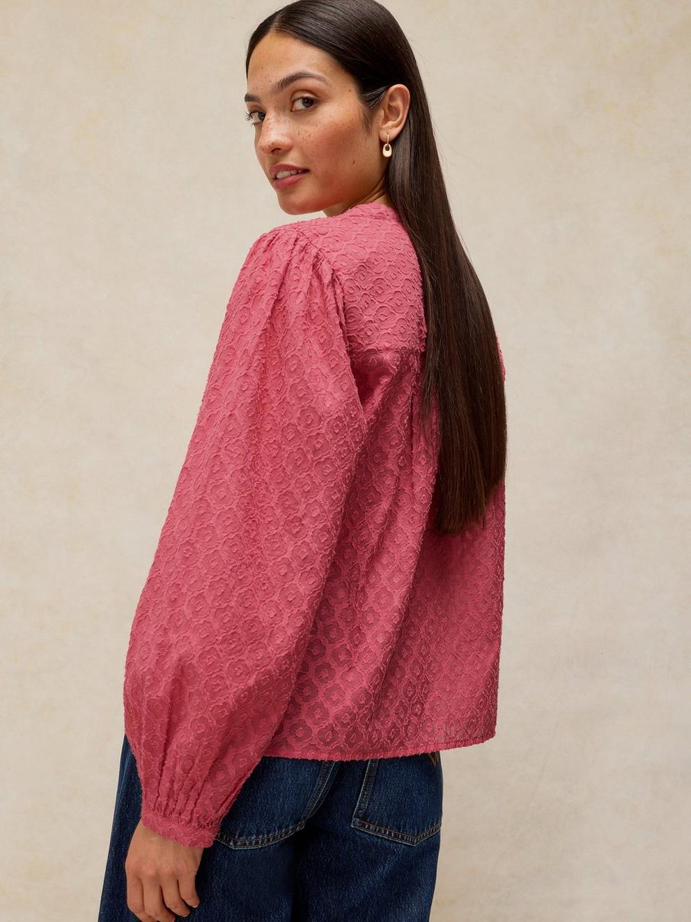 LANA JACQUARD TOP in MID PINK - MODEL BACK
