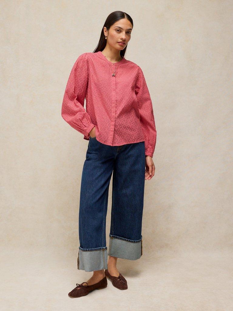 LANA JACQUARD TOP in MID PINK - MODEL FRONT