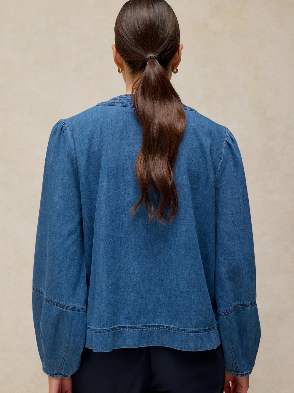 KRYSTIN TOP in MID DENIM - MODEL BACK
